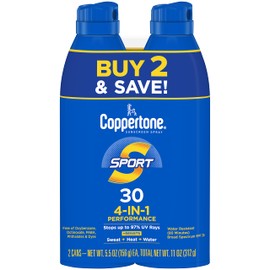 Coppertone Sport Sunscreen Spray SPF 30, Water Resistant Spray Sunscreen Pack, 5.5 Oz, Pack of 2 (Packaging May Vary)