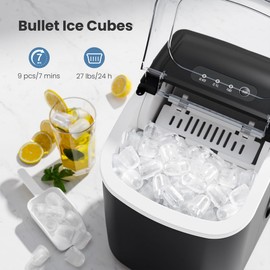 Crzoe Countertop Ice Maker Machine with Handle, Portable Maker, 27lbs/24Hrs, 7Mins/9 Pcs ice Cubes, Self-Cleaning Table Top Maker with Ice Basket/Scoop, for Home/Kitchen/Office(Black)