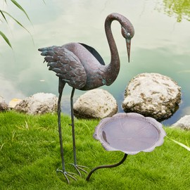 HUWAIPL 36’’H Crane Bird Bath, Metal Bird Baths for Outdoor, Birdbath for Outside Bird Feeder, Heron Garden Statues Decor
