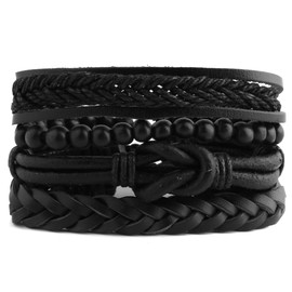 OMAI Mix 4 Wrap Bracelets Men Women, Hemp Cords Wood Beads Ethnic Tribal Bracelets, Leather Wristbands (K)