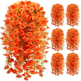 Artificial Fall Flowers for Outdoors Fake Hanging Decoration, 6Pcs Orange Autumn Decor, Realistic Artificial Fall Plants, UV & Fading Resistant Silk Flower for Porch Patio Balcony Planter Yard (Fall)