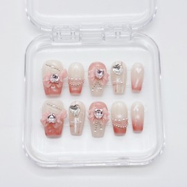 NLSJMP,10Pcs,Size M,Pink bow, Handmade Medium Length Press on Nails Acrylic Fake Nails Kit,3D Rhinestone Pearl Design Nail Art Kit,Reusable False nails,Include Toolkit