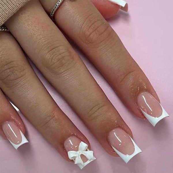 Enppode French Tips Nails Medium Press on Nails Square Fake