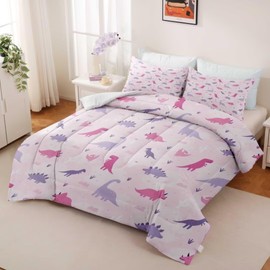 CKOU CCOO Dinosaur Comforter Set for Kids, Girls & Teens - Twin Size, Cute Pink & Purple Dino Bedding with 1 Comforter & 2 Pillowcases, Kawaii Animals Dino Bedroom Decor