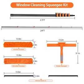 Msnaile Window Washing Kit with Extension Pole 4.7 to 24FT, Long Squeegee for Window Cleaning Indoor Outdoor, Carbon Fiber Telescopic Pole for Window Cleaner Tool with Microfibre Pad & Chenille Cloth