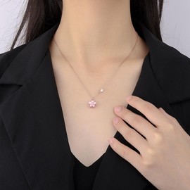 Belons Women's Necklace 925 Sterling Silver Cubic Zirconia Enamel Rotating Cherry Blossom Pendant Necklace Rose Gold Chain with Pendant for Girls Children, Sterling Silver, Cubic Zirconia, Enamel,