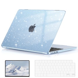EooCoo Case Compatible with MacBook Air 13 inch M5 2026-2022 Release M4 M3 M2 A3449 A3240 A3113 A2681, Glitter Hard Shell&Keyboard Skin Cover&Screen Protector for Mac Air 13.6 inch, Sparkly SkyBlue