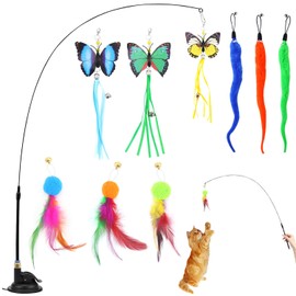 Interaktives Katzenspielzeug Intelligenz Katzen Spielzeug Interaktiv Katzenangel Stabil Cat Toys mit Federn und Saugnapf Simucatstick Kätzchen Zauberstab Schmetterling für Große Kleine Katzen (Stil 1)