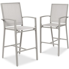 Best Choice Products Outdoor Bar Stools Set of 2, Bar Height, Patio Furniture, All Weather Mesh Design w/Armrest - Gray/Gray