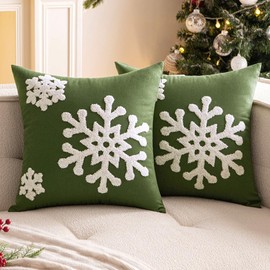 Woaboy Pack of 2 Christmas Dark Green Throw Pillow Covers Decorative Snowflake Embroidery Couch Pillows Canvas Cushion Cases Holiday Home Decor Soft Pillowcases for Sofa Bedroom Car 18x18 Inch