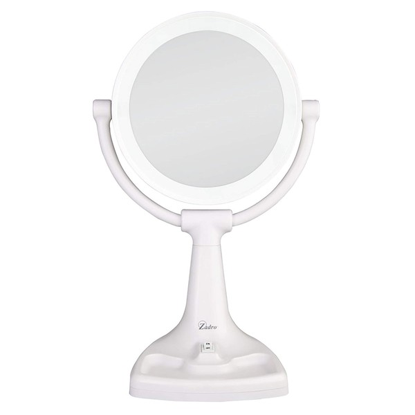 Zadro 11" W Max Bright Fluorescent Lighted Makeup Mirror with Magnification 10X/1X Swivel Head Tray Makeup Light Mirror, White