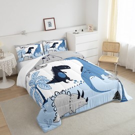 Dinosaur Comforter Set Cartoon Animals Bedding Set for Kids Girls Women Adults Blue Gray White Comforter Kids Dinosaur Pattern Quilted Duvet Set Bedroom Collection Twin Size 2Pcs