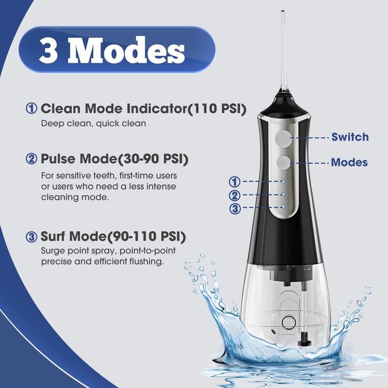 Water Flosser Cordless, 3 Modes 5 Tips, 300ml Tank