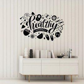 Healthy Vinyl Wall Decal Lettering Lifestyle Dumbbell Sport Food Water Stickers Mural (k314) Black