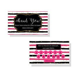 Jewelry Loyalty Cards | 50 Pk of Cards| Thank You Notes Black and Pink stripe with Gold Dots | 5 Bling Buy 12 Get One Piece of Jewelry Free