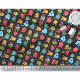 Soimoi Black Cotton Duck Fabric Monster Cartoon Printed Fabric 1 Yard 56 Inch Wide