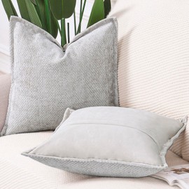 Madizz Set of 2 Chenille Velvet Cushion Covers with Flange Soft Boho Textured Throw Pillow Covers Broadside Pillowcases Modern Farmhouse Home Decor for Sofa Bedroom Oatmeal 18x18 inch, 45x45 cm