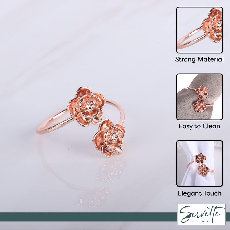 Rose Gold Flower Napkin Rings Set of 8 Metal