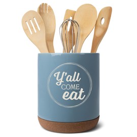 Elanze Designs Y'all Come Eat Southern Accent Ceramic Cork Bottom Sky Blue Large Capacity Utensil Holder Crock for Countertop Storage, Stylish & Durable for Spoons, Spatulas, and Cooking Tools