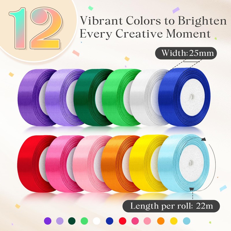 Xnegau 12 Colours Satin Ribbons 25mm x 22m Gift Wrapping