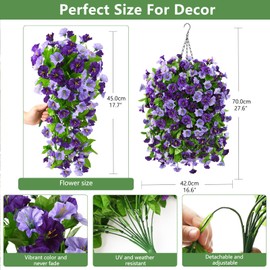 INQCMY Artificial Faux Hanging Plants Fake Hanging Flowers Baskets Outdoor Spring Decor Colorful, Silk Flowers UV Resistant Morning Glory Vines for Porch Patio Home Yard Garden