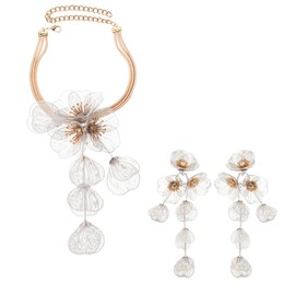 Jerollin Exaggerated Three-dimensional Metal Flower Pendant Necklace Earrings Jewelry Set White