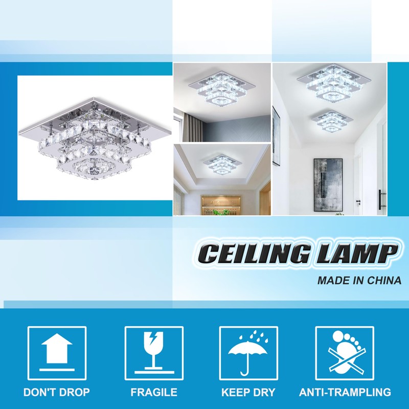 FRIXCHUR Crystal Ceiling Light Square Chandelier Modern LED Flush Mount