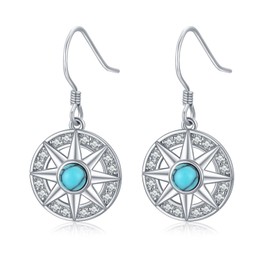 Turquoise Compass Earrings 925 Sterling Silver Compass Zirconia Earrings Turquoise Jewelry Gift for Women, Sterling Silver, No Gemstone