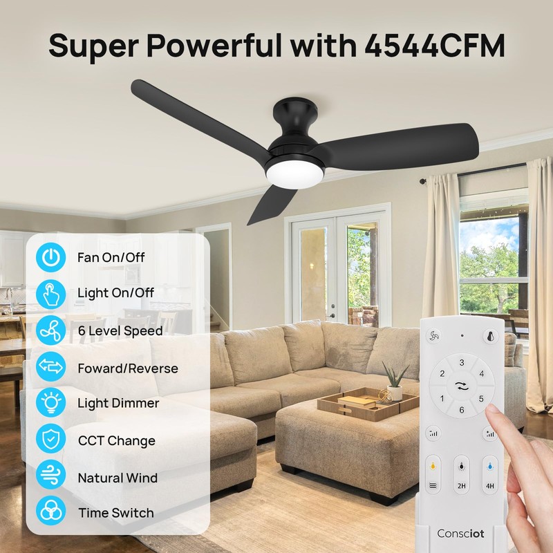 Consciot Ceiling Fan With Light, 44 Inch Low Profile Ceiling