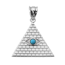 Fine Sterling Silver Egyptian Pyramid Charm with Evil Eye Blue Stone Pendant