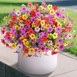 Artificial Fake Plants Flowers for Outdoor Spring Summer Decor,12 Bundles Faux Silk Daisy for Planter Pot Colorful UV Resistant Look Real for Front Door Porch Patio Outside Yard(Red Pink Purple Yellow