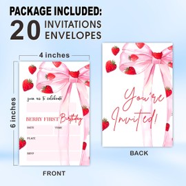 WeMaison Berry First Birthday Invitation- Red Strawberrys And Pink Bow Birthday Invitations For Girls- 20 Double-Sided Fill In Style Invitation Cards With Envelopes- Party Favor & Decorations- B09