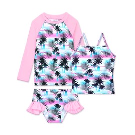 Bathing Suit for Girls Size 6-7 Years Old Pink Green Coconut Three Pieces Tankini Sets with SPF50+ Sun Protection
