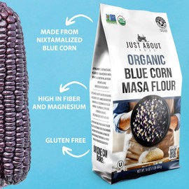 USDA Organic Blue Corn Flour 1lb, Flour for Tortillas, Sopes, and Mexican Dishes, Gluten-Free, Kosher and Vegan, Masa Flour for Baking, Just About Foods