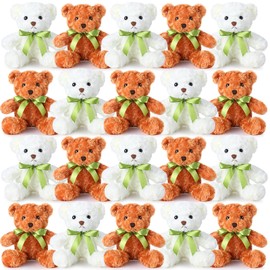 HyDren 24 Pcs Bear Bulk Plush Stuffed Animals 10 Inch Cute Soft Stuffed Bear with Green Bow for Baby Shower Birthday Gift Party, Brown and White