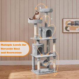 Yaheetech Cat Tree Tower, 70.5in Multi Level Cat Tree Kitten Condo with 2 Condos & 2 Plush Perches & Scratching Post & Dangling Ball, Cat Tower Furniture for Play & Rest Light Gray