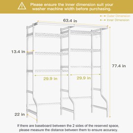 Ulif U13 Over Washer and Dryer Storage Shelves, 6 Tiers Laundry Room Standing Shelf with 2 Hanger Rods, Space Saver Clothes Drying Rack, 63.4" W x 22" D x 77.4" H, White
