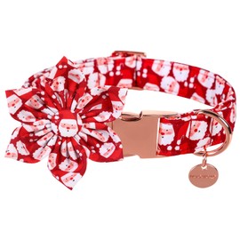 DOGWONG Christmas Dog Collar with Flower, Red Santa Claus Dog Collar Soft Durable Adjustable Cotton Puppy Collar for Small Medium Large Dog