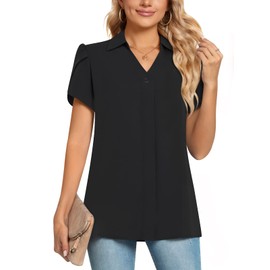 POPYOUNG Ladies Tops Chiffon Blouse Business Tunic Petal Short Sleeve Office Shirts for Work M, Black
