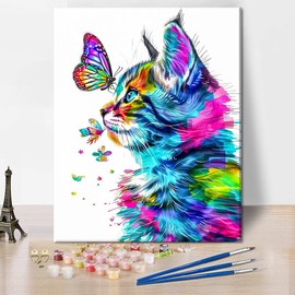 Colorful Cat Paint by Numbers Colorful Cat and Butterflies Paint by Number Kit for Adults Beginner with Painting Brush and Acrylic Pigment Arts Craft for Home Wall Decor 16x20 Inch Without Frame