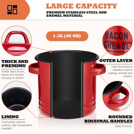 ONEARF Bacon Grease Container with Strainer - Large 46OZ Red Kitchen Oil Storage Can, Food Saver Bin with Lid | Farmhouse Cooking Pot Keeper Collector, Dishwasher Safe - Red