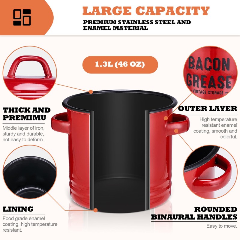 ONEARF Bacon Grease Container with Strainer - Large 46OZ Red
