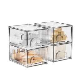 ZHIAI 4 Pack Clear Stackable Storage Drawer, Acrylic Drawer, Cosmetic Organizer, Plastic Organizer for Dresser, Under, Kitchen Cabinet, Pantry, Home Organization and Storage