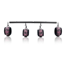 Black Heavy Duty Stainless Steel Expandable Spreader Bar with 4pcs PU Black-Pink Skull Pattern Adjustable Straps, Yoga Pilate Bar for Bedroom, Home Exercise Bar Sports Training Fitness Gear