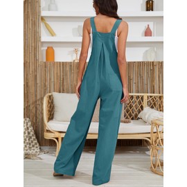 Women's Casual Linen Jumpsuits Overalls Wide Leg Summer Outfits Rompers Jumpers Button Sleeveless Straps With Pockets (Lake Blue,Small)