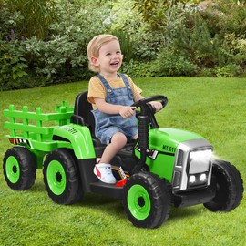 Costzon Ride on Tractor w/Trailer, 12V Battery Powered Electric Vehicle Toy w/Remote Control, 3-Gear-Shift Ground Loader, Treaded Tires, USB, LED Lights, Audio, Safety Belt, Kids Car (Green)