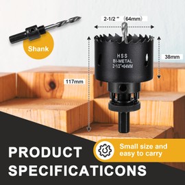 64mm Hole Saw for Metal and Wood, 2.5 inch HSS Bi-Metal Circular Drill Cutter with Pilot Bit for Plate Steel, Sheet Iron, Ceiling Board, Acrylic Panel, 7/16” Hex Shank
