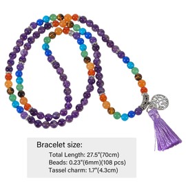 Nupuyai 108 Mala Prayer Beads Bracelet Women Men, Amethyst Crystal Stone Beads Wrap Bracelet with Tree of Life Tassel Charm Meditation 7 Chakra Stone Bracelet Necklace