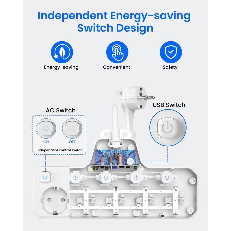 Flat Plug Multiple Socket with Switch, 5-Way Power Strip, Individually