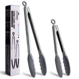 Hotecトング キッチントング シリコン 調理トング 調理器具 トングシリコン トング バーベキュー 焼き肉 耐熱 抗菌 スタンド付き ロック式収納便利 2本セット(グレー)